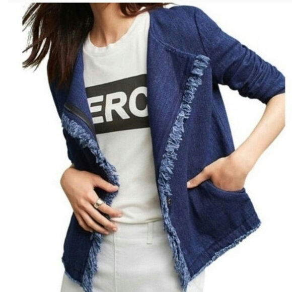 AG Adriano Goldschmied Blue Denim Zip Front Jacket Frayed Trim Casual Chic M - Picture 1 of 16